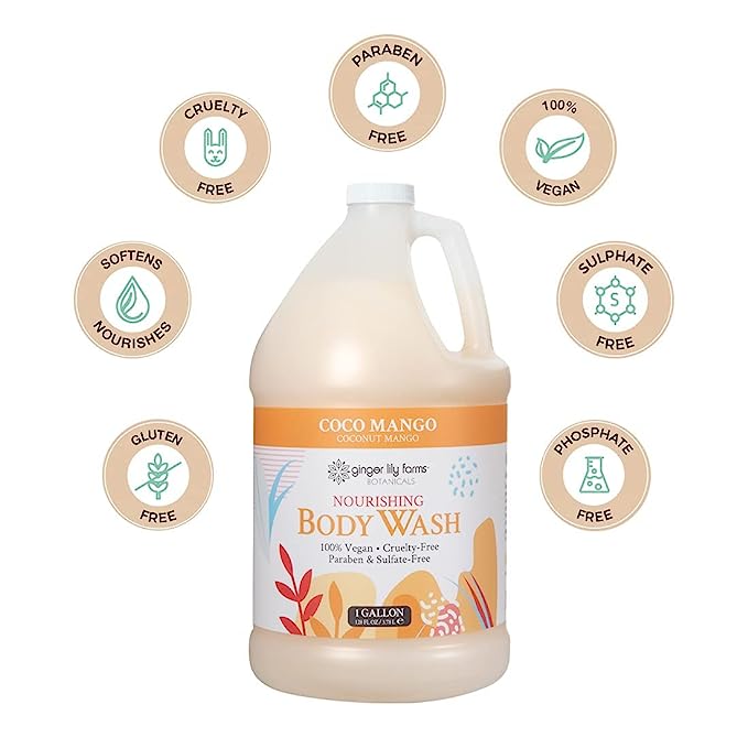 Ginger Lily Farms Botanicals Nourishing Body Wash, Coco Mango, 100% Vegan & Cruelty-Free, Coconut Mango Scent, 1 Gallon (128 fl oz) Refill