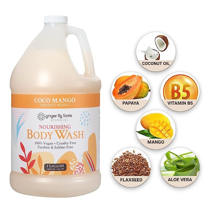 Ginger Lily Farms Botanicals Nourishing Body Wash, Coco Mango, 100% Vegan & Cruelty-Free, Coconut Mango Scent, 1 Gallon (128 fl oz) Refill